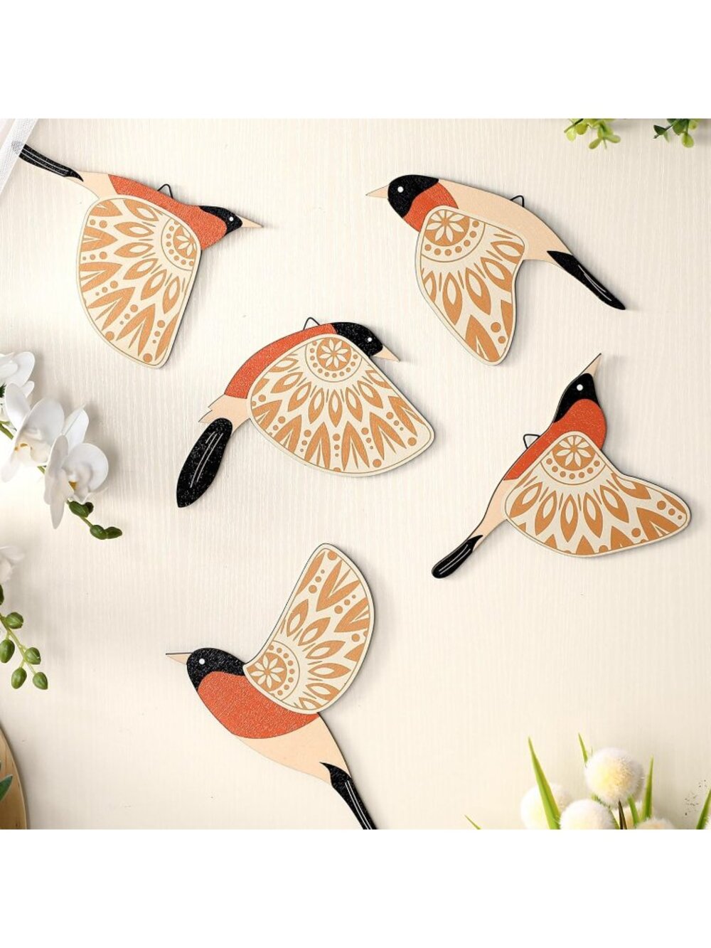 New 5 Pcs Rustic Wooden Flying Birds Wall Art for Home or Office Decor - Orange